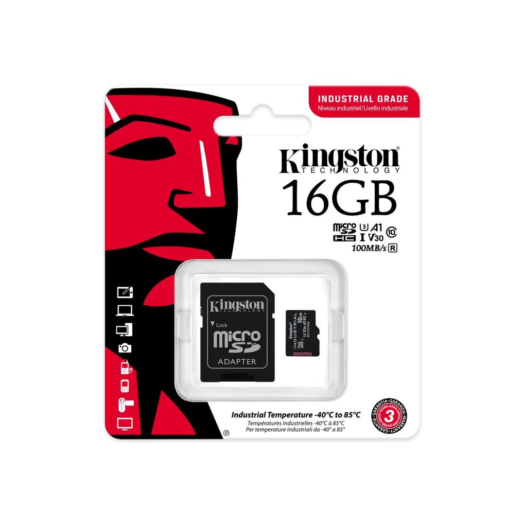 Kingston 16GB microSDHC Class 10 CL10 U3 V30 A1 Industrial adapter nélkül 